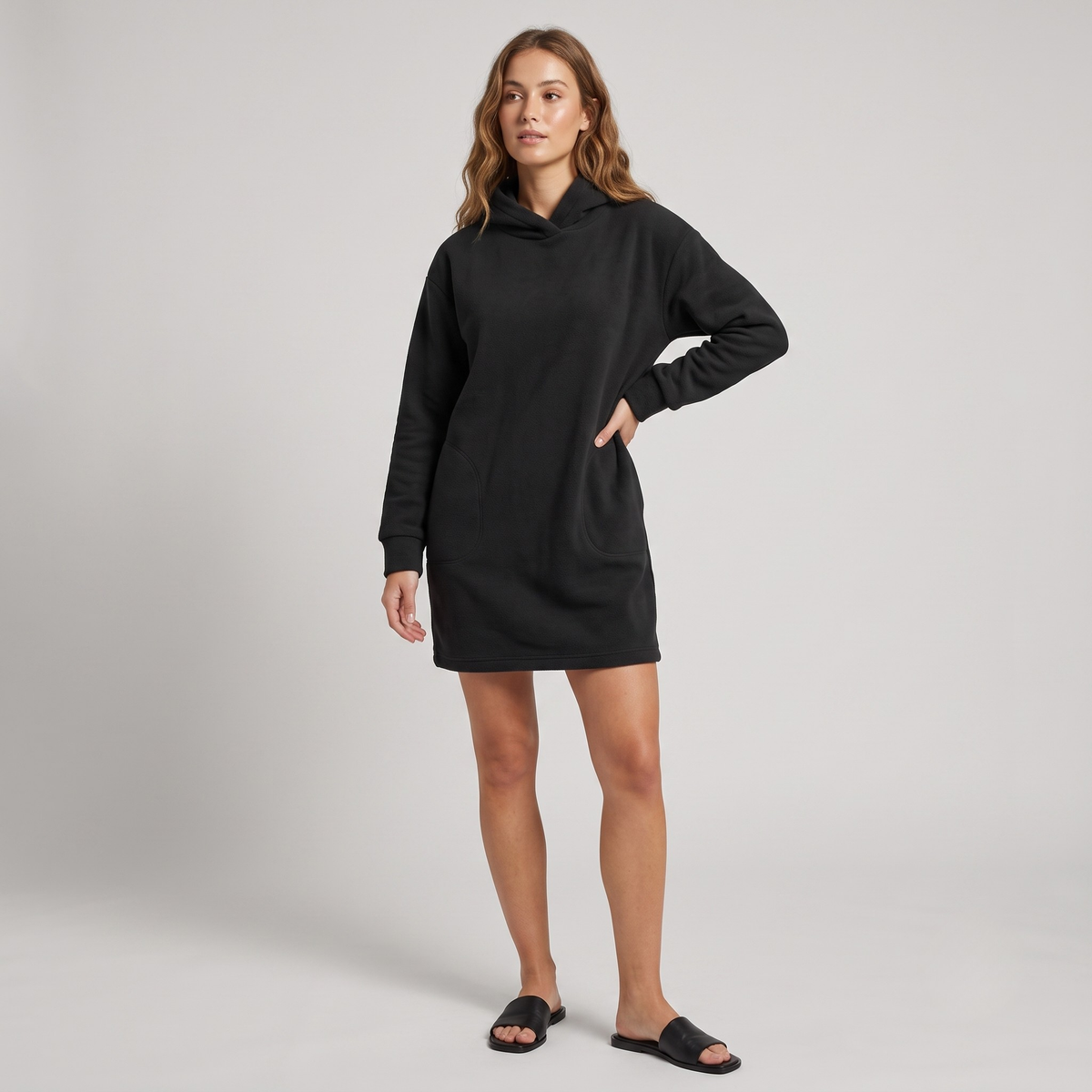 Vibonanza | Dames Zwarte Hoodie Jurk met Kangoeroezak