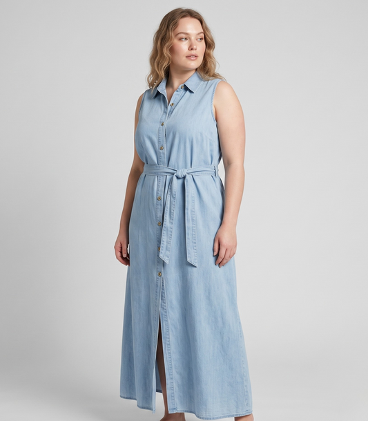 Vibonanza | Plus-size Mouwloze Spijkerjurk Maxilengte
