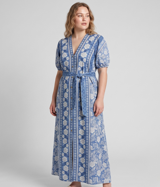 Vibonanza | Plus-Size Zomerjurk Bloemenprint Lichtblauw