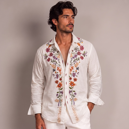 Vibonanza | Heren Vintage Katoenen Overhemd met Bloemenborduurwerk