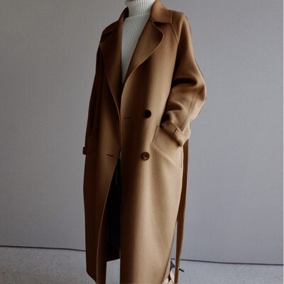 Vibonanza | Lange Wollen Trenchcoat Beige Met Ceintuur