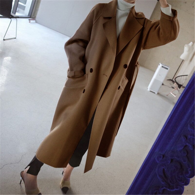 Vibonanza | Lange Wollen Trenchcoat Beige Met Ceintuur
