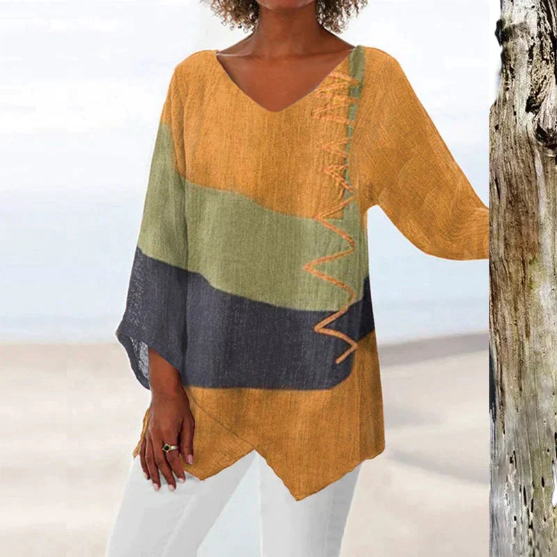Vibonanza | Dames Blouse Kleurblok Driekwart Mouw