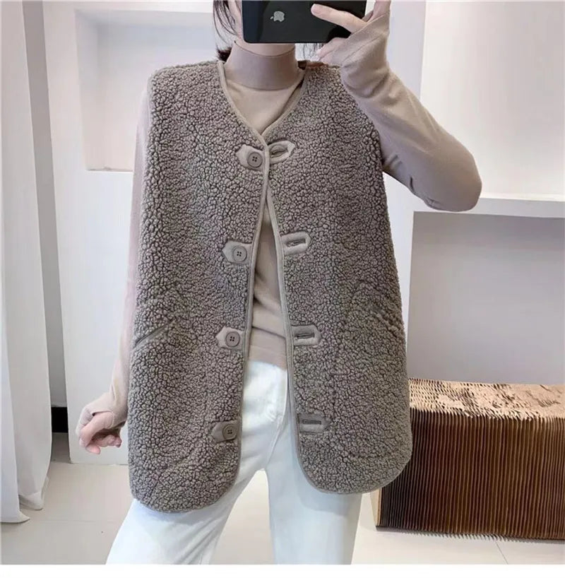 Vibonanza | Lang Taupe Dameswollen Gilet