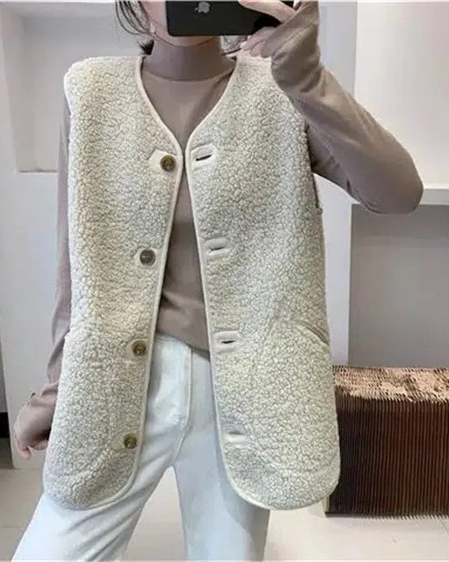 Vibonanza | Lang Taupe Dameswollen Gilet