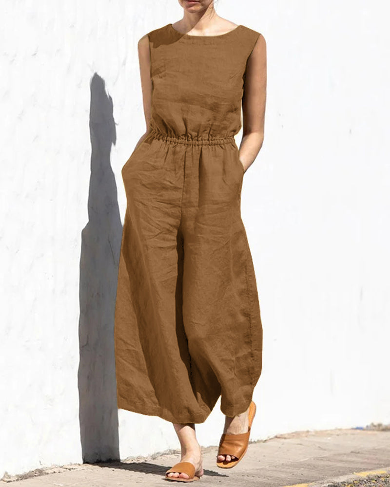 Vibonanza | Dames Mouwloze Jumpsuit Linnen Katoen Mix