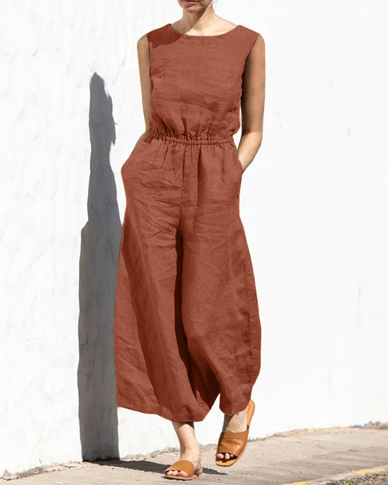 Vibonanza | Dames Mouwloze Jumpsuit Linnen Katoen Mix