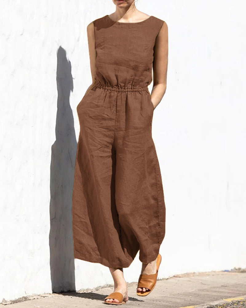 Vibonanza | Dames Mouwloze Jumpsuit Linnen Katoen Mix