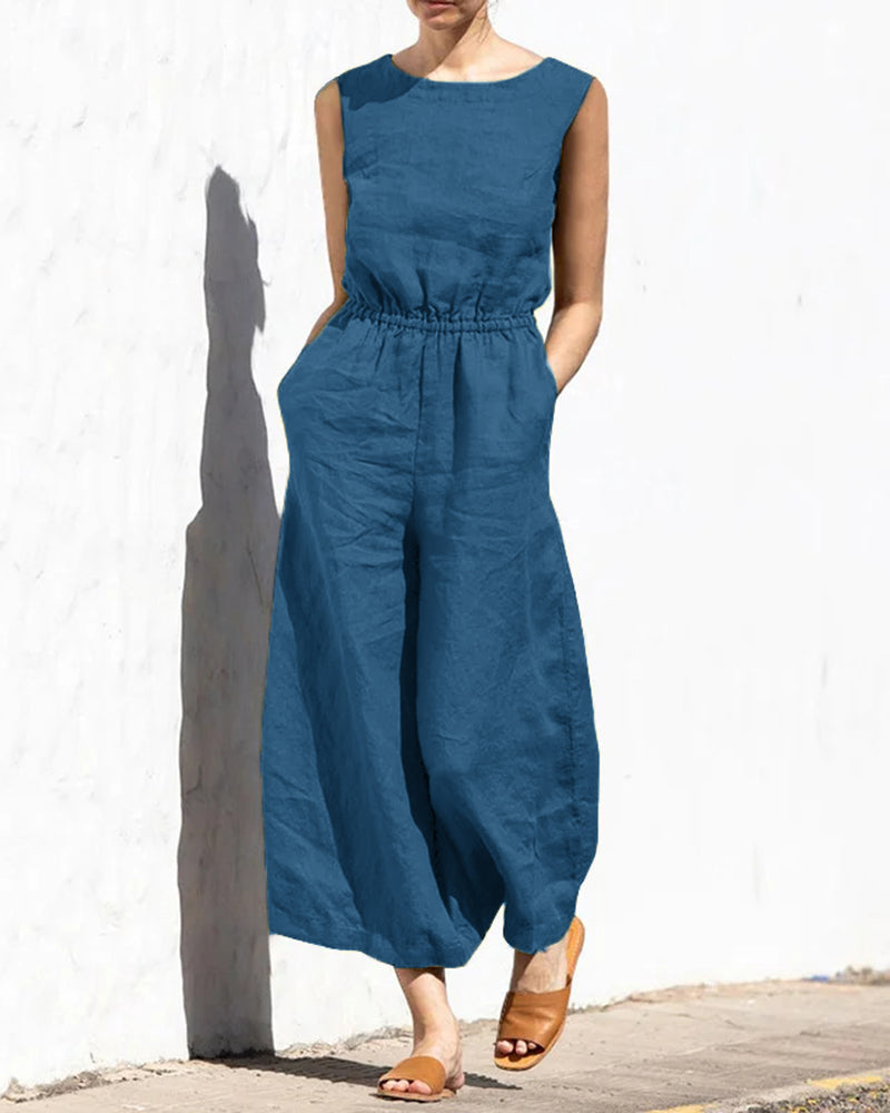 Vibonanza | Dames Mouwloze Jumpsuit Linnen Katoen Mix