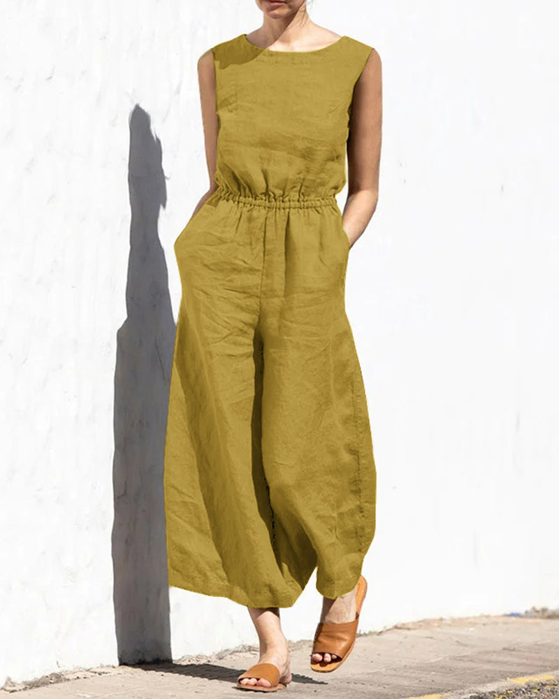 Vibonanza | Dames Mouwloze Jumpsuit Linnen Katoen Mix