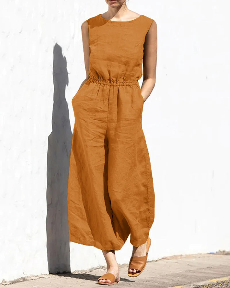 Vibonanza | Dames Mouwloze Jumpsuit Linnen Katoen Mix