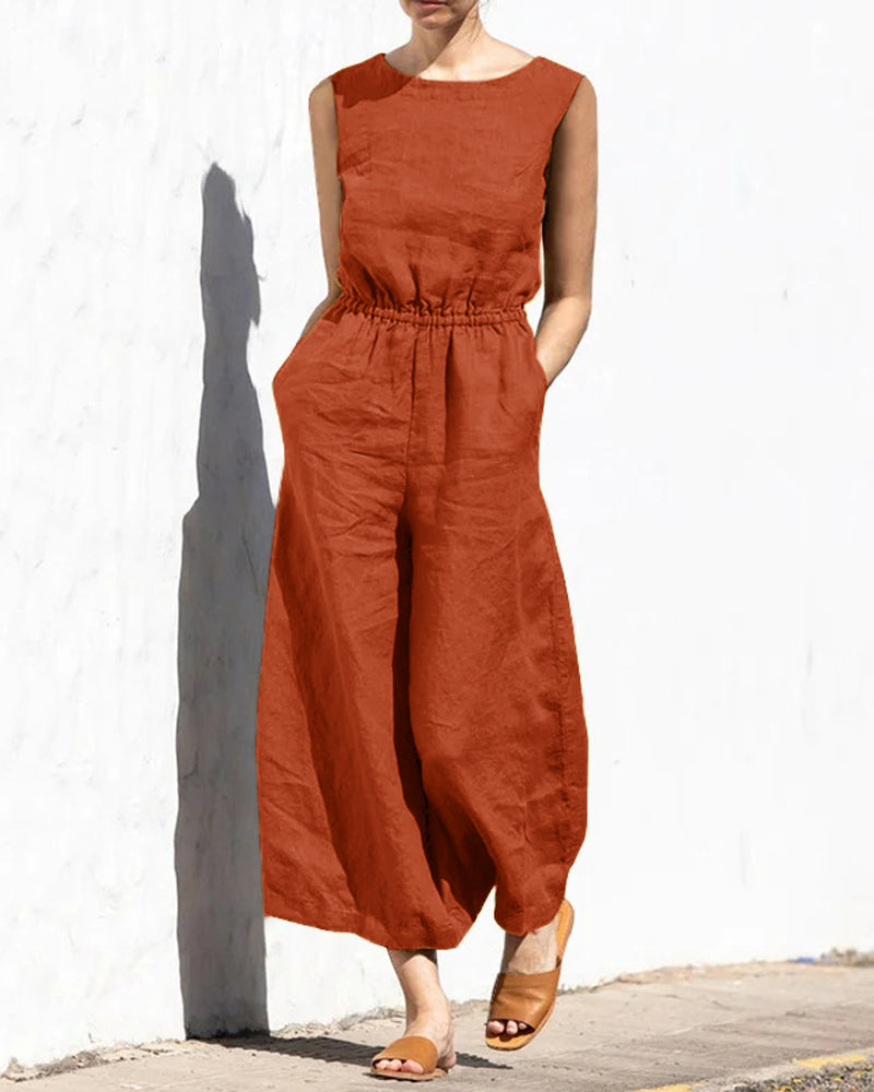 Vibonanza | Dames Mouwloze Jumpsuit Linnen Katoen Mix