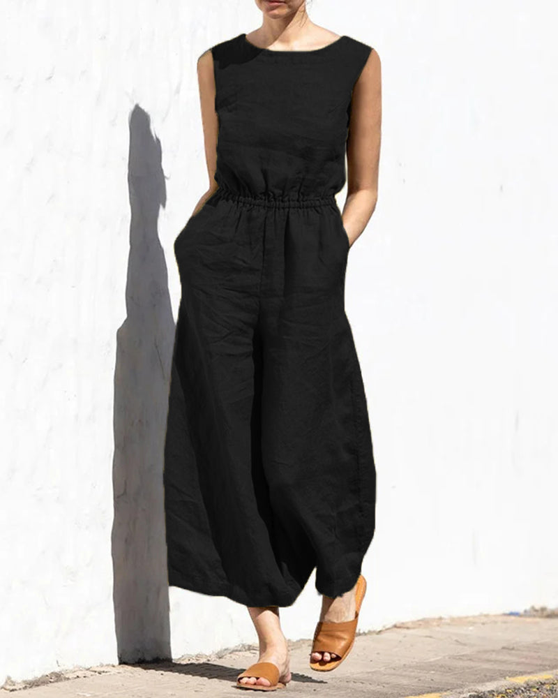 Vibonanza | Dames Mouwloze Jumpsuit Linnen Katoen Mix