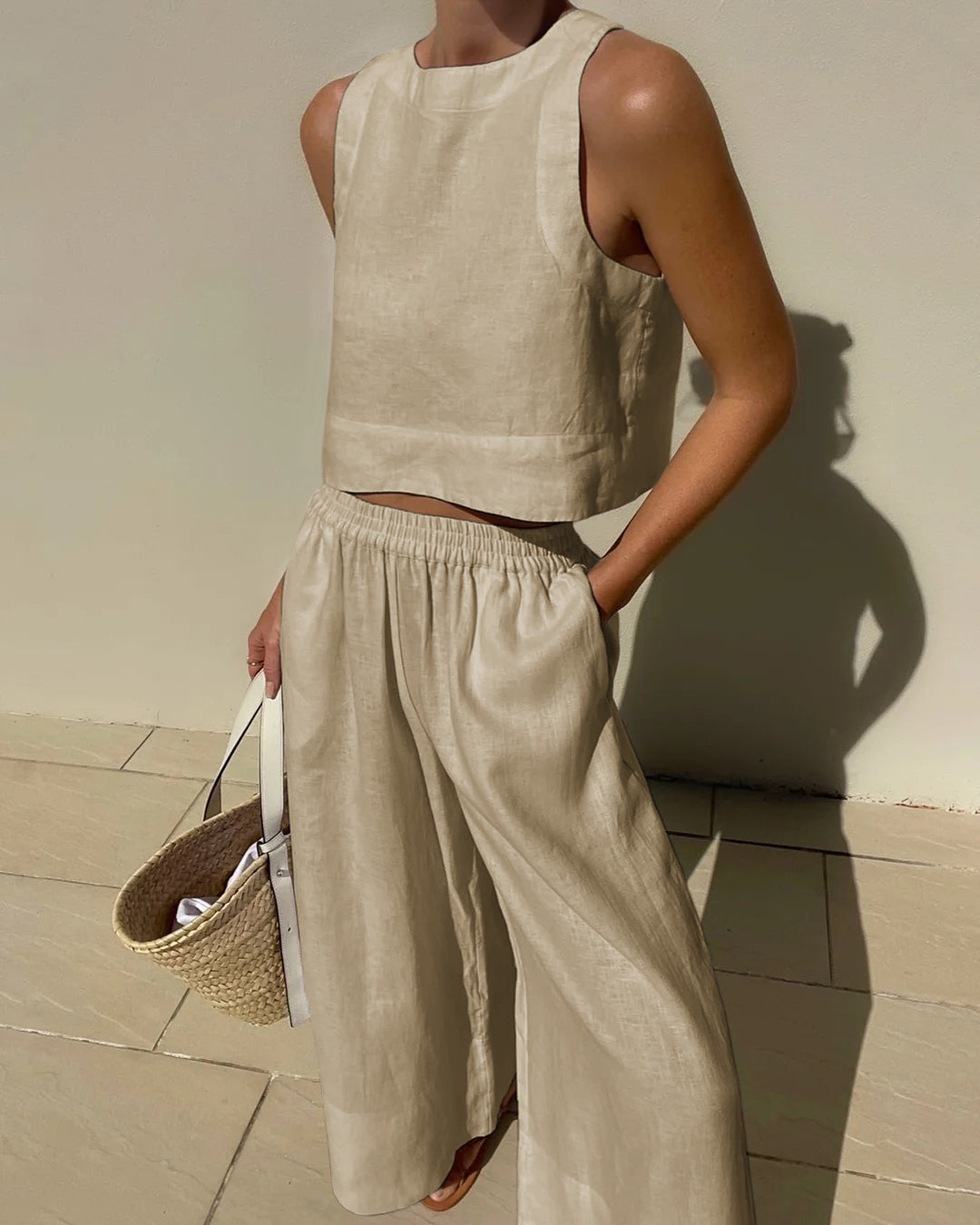 Vibonanza | Dames Linnen Crop Top en Wijde Broek Set Beige