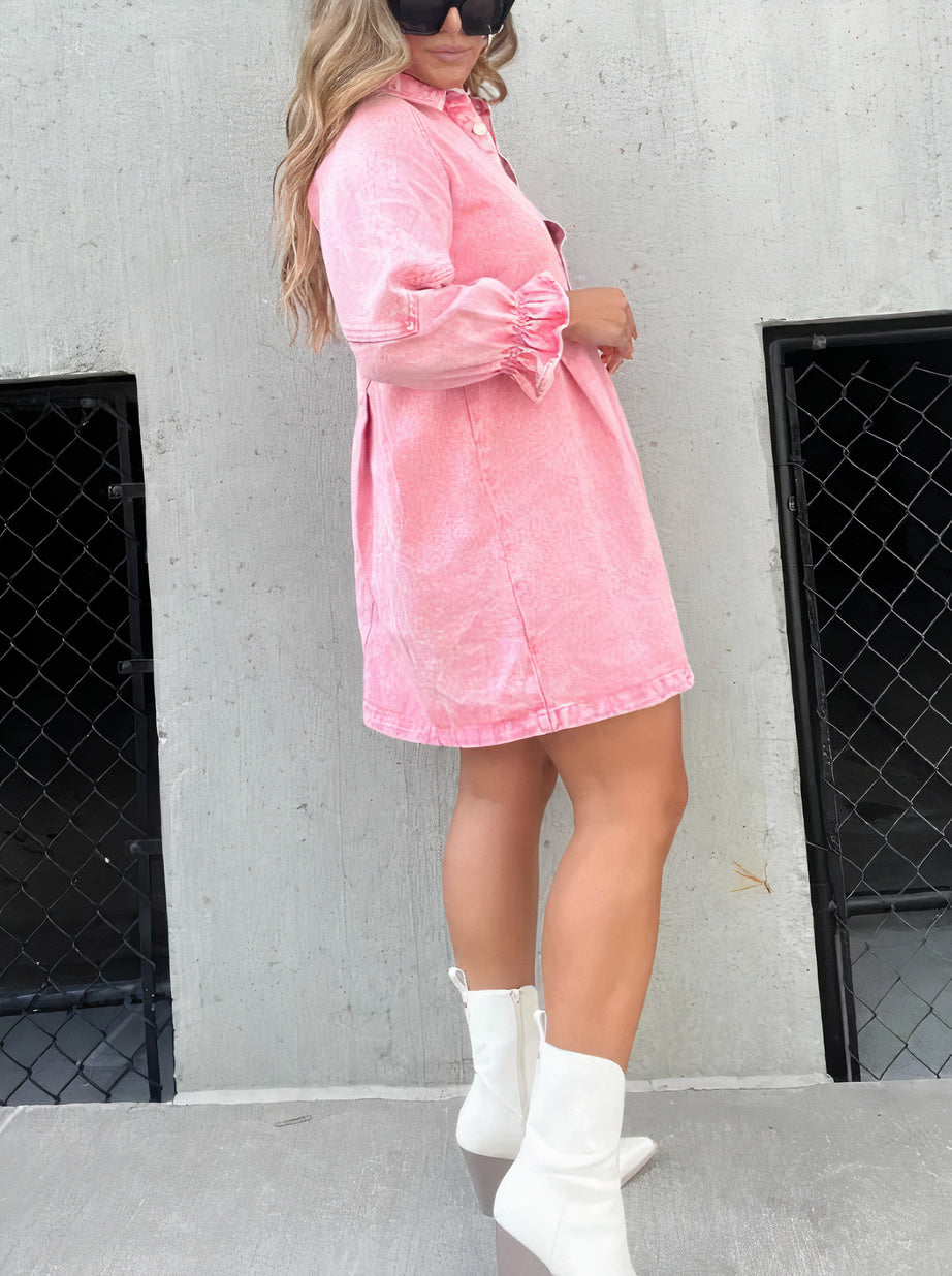 Vibonanza | Roze Denim Jurk met Lange Mouwen