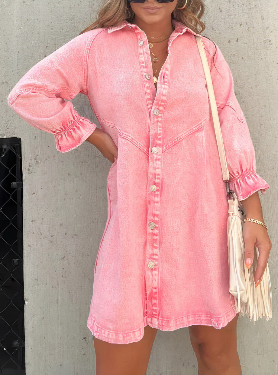 Vibonanza | Roze Denim Jurk met Lange Mouwen