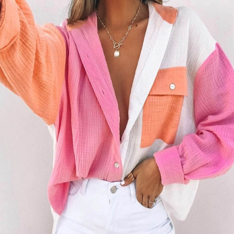 Vibonanza | Damesblouse V-hals Zomertop Kleurblokken