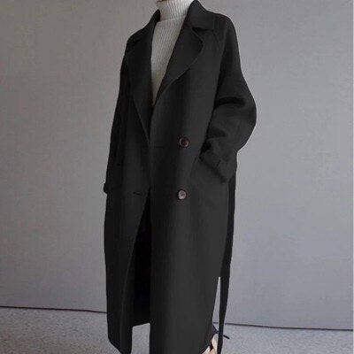 Vibonanza | Lange Wollen Trenchcoat Beige Met Ceintuur