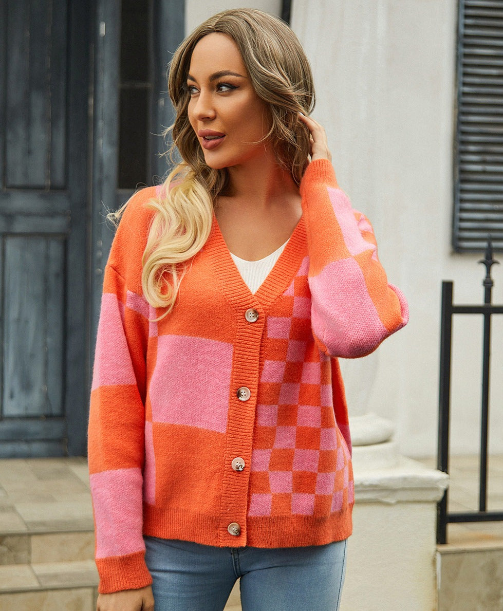 Vibonanza | Warme Damescardigan Oranje/roze Print