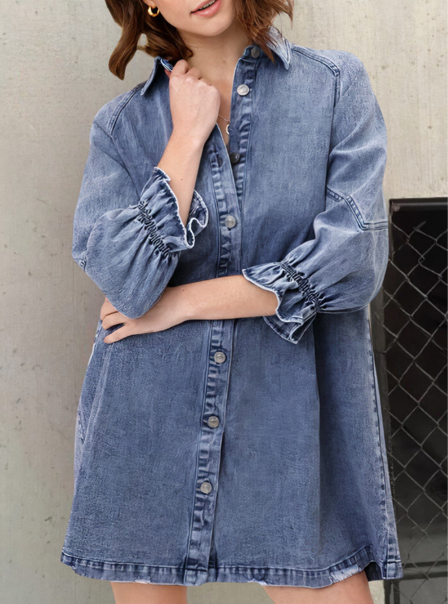 Vibonanza | Roze Denim Jurk met Lange Mouwen
