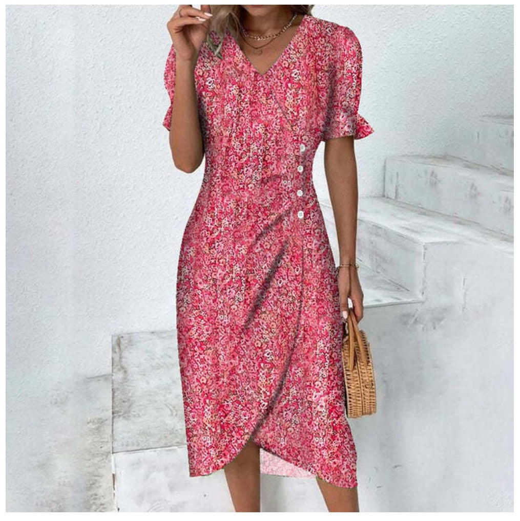 Vibonanza | Elegante Midi Zomerjurk met Bloemenprint