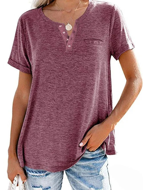 Vibonanza | Dames Lichtblauwe Henley Shirt Korte Mouwen Katoen