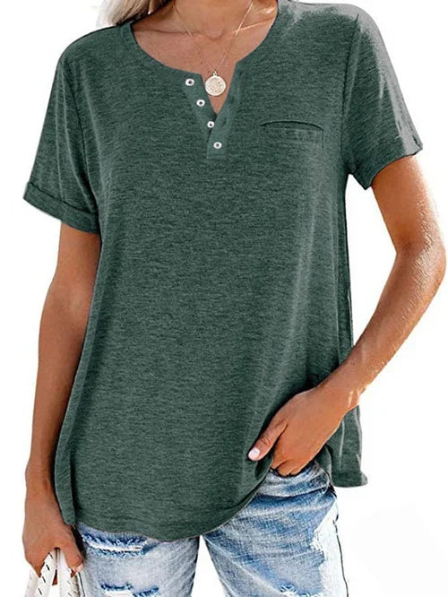 Vibonanza | Dames Lichtblauwe Henley Shirt Korte Mouwen Katoen