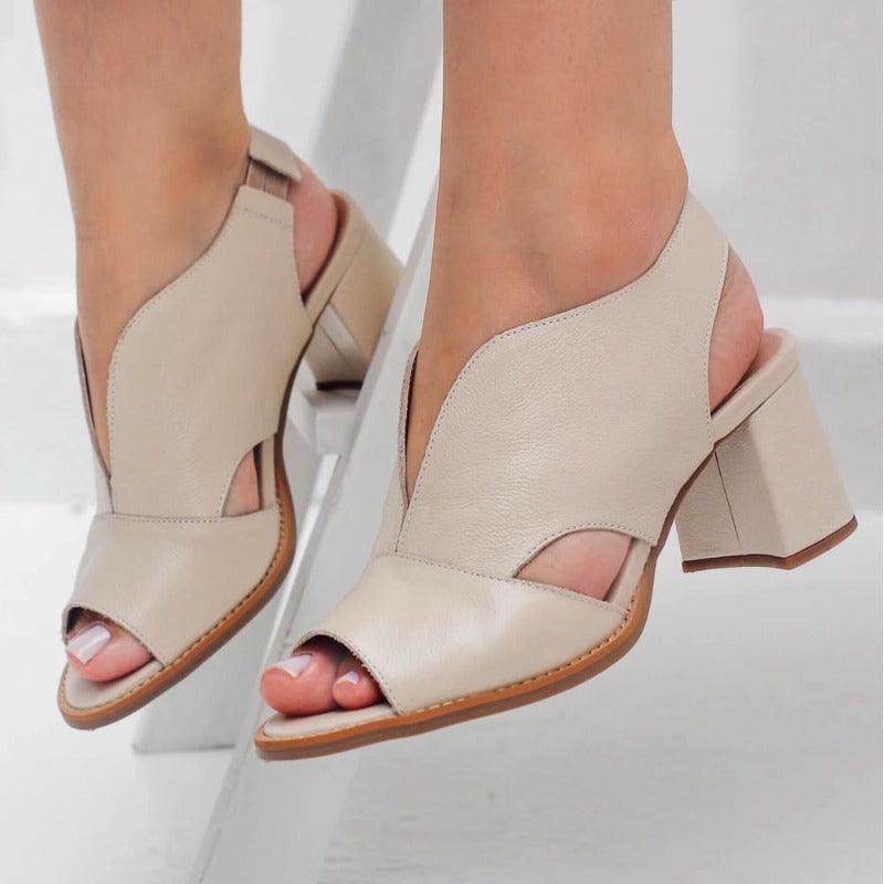 Vibonanza | Leren Dames Slingback Sandalen met Blokhak Bruin