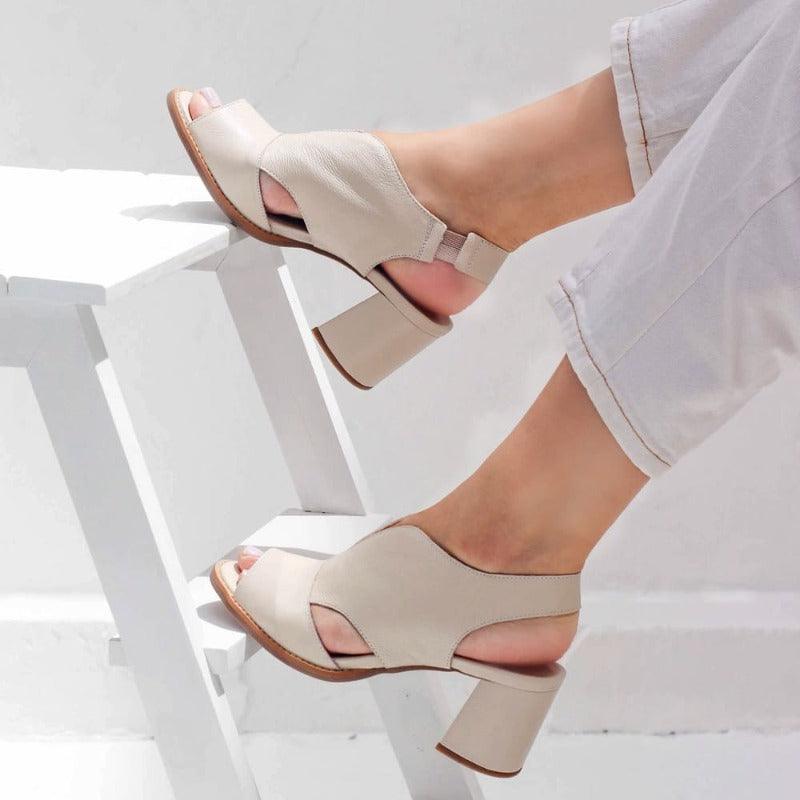 Vibonanza | Leren Dames Slingback Sandalen met Blokhak Bruin