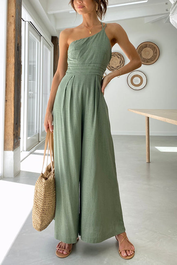 Vibonanza | Elegante Linnen Katoenen One-Shoulder Jumpsuit