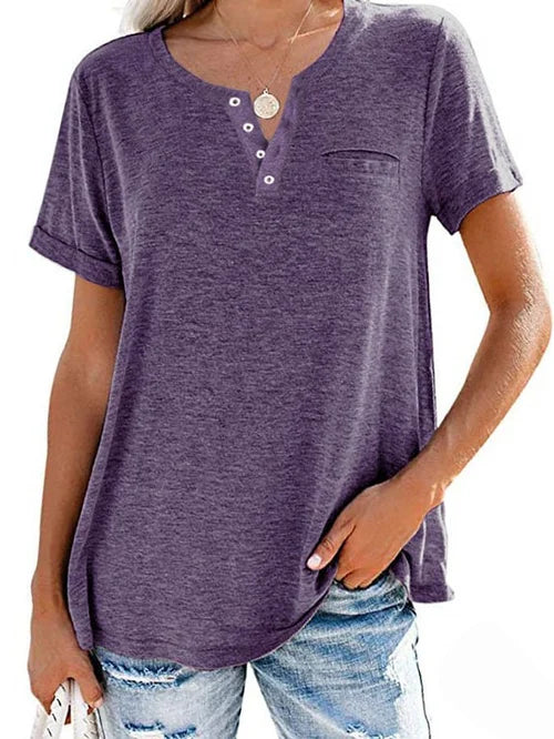 Vibonanza | Dames Lichtblauwe Henley Shirt Korte Mouwen Katoen