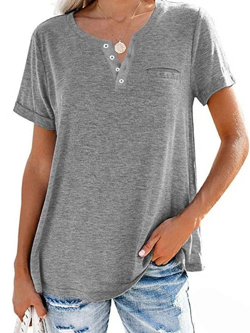 Vibonanza | Dames Lichtblauwe Henley Shirt Korte Mouwen Katoen