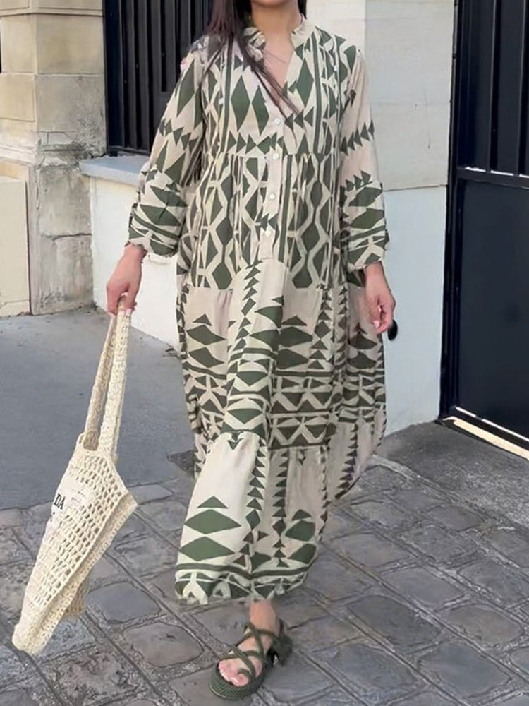 Vibonanza | Bohemian Maxi Jurk met V-Hals en Driekwart Mouwen