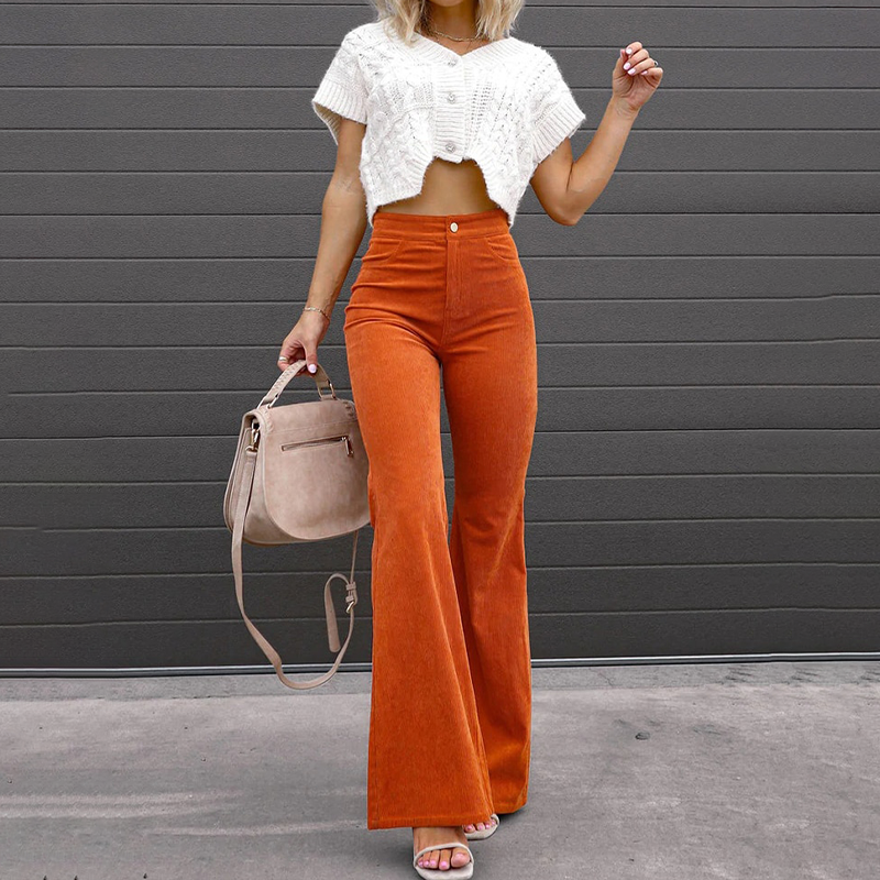 Vibonanza | Dames Corduroy Flared Broek Roestkleurig
