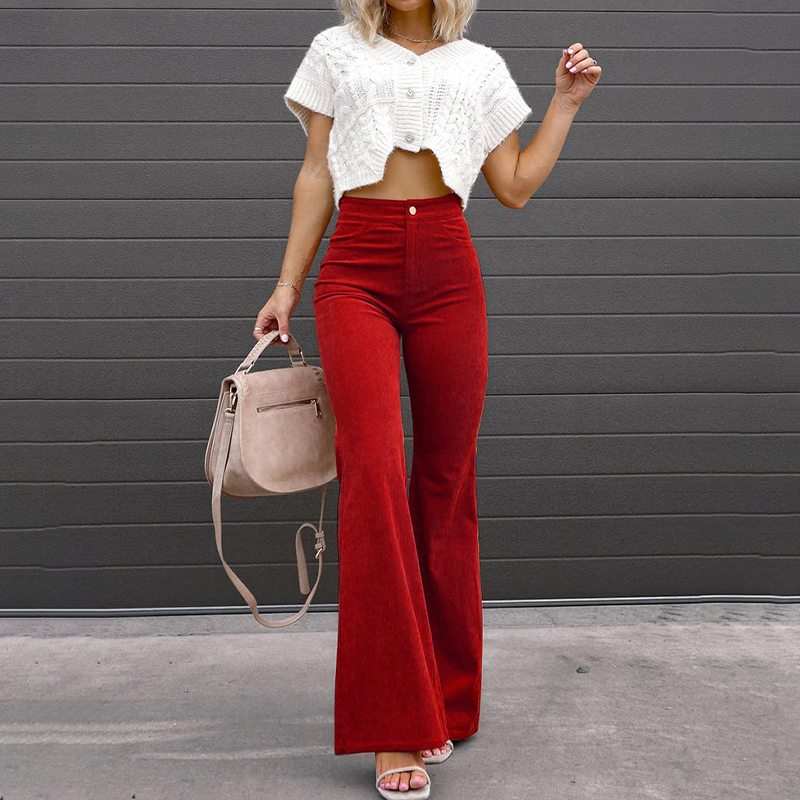 Vibonanza | Dames Corduroy Flared Broek Roestkleurig