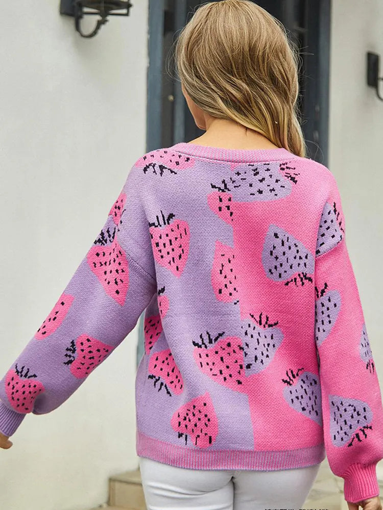Vibonanza | Damesvest met Aardbeienprint en Lange Mouwen