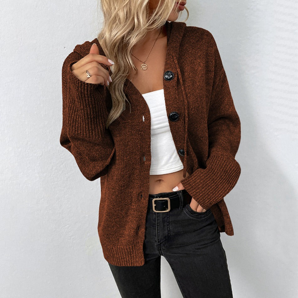 Vibonanza | Bruine Hoodie-Cardigan met Zwarte Knopen