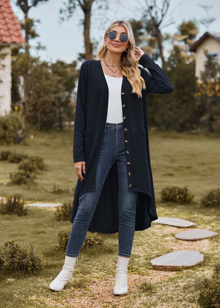 Vibonanza | Donkerblauwe lange cardigan met V-hals en zakken