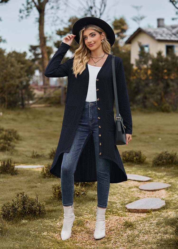 Vibonanza | Donkerblauwe lange cardigan met V-hals en zakken