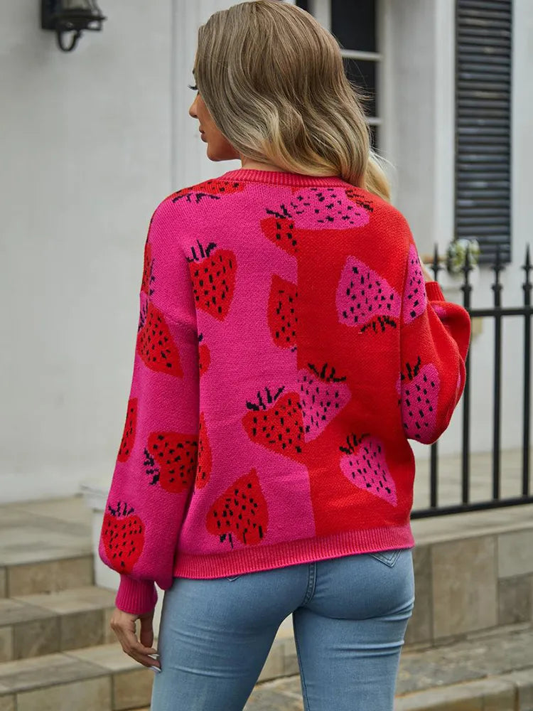 Vibonanza | Damesvest met Aardbeienprint en Lange Mouwen