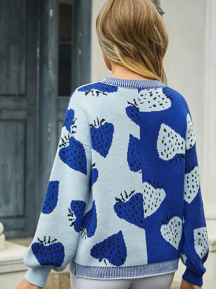 Vibonanza | Damesvest met Aardbeienprint en Lange Mouwen