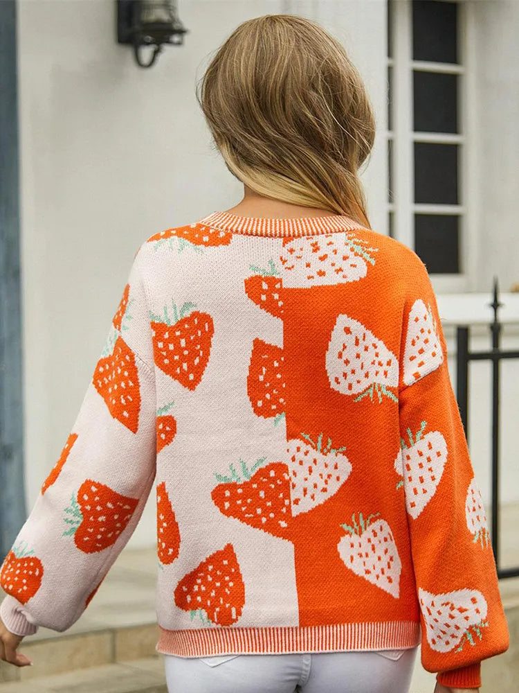 Vibonanza | Damesvest met Aardbeienprint en Lange Mouwen