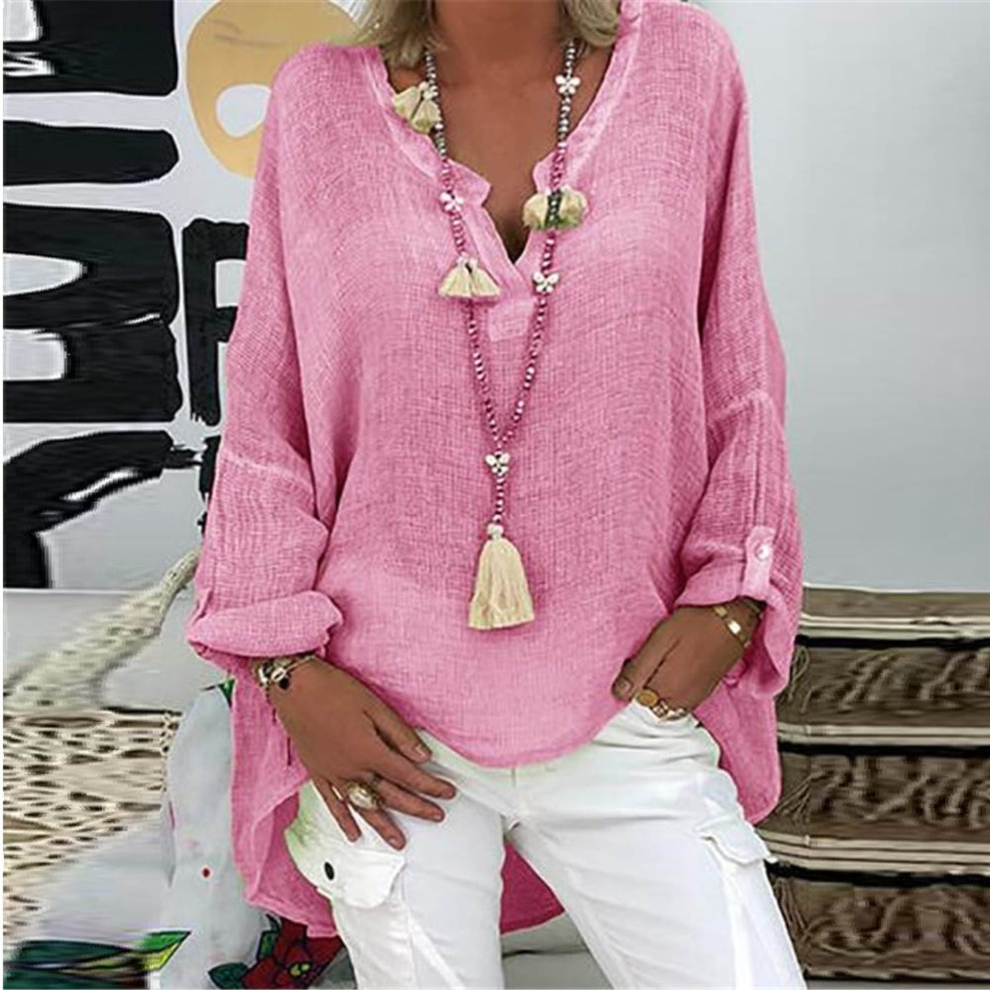 Vibonanza | Linnen Damesblouse Driekwart Mouw V-Hals