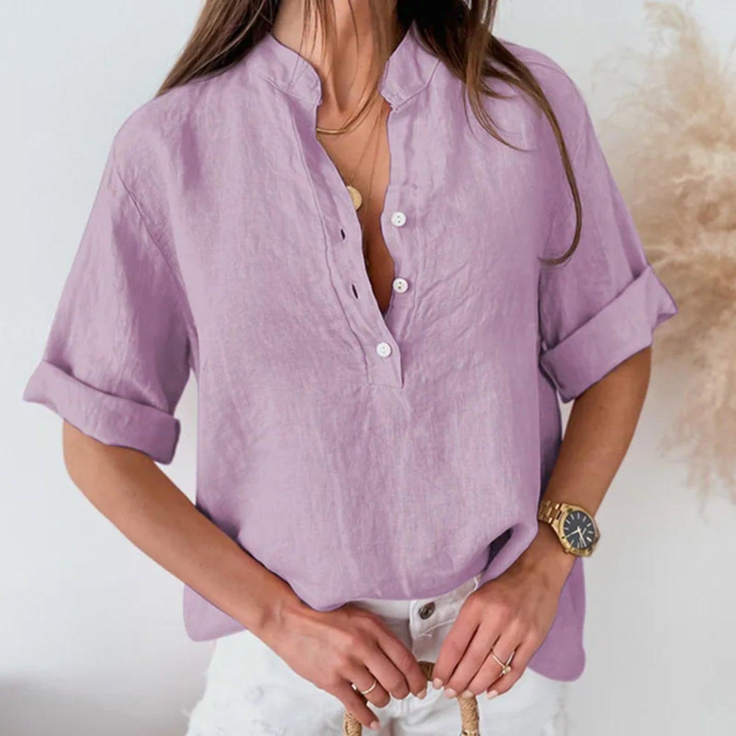 Vibonanza | Dames Linnen Turtle Hals Blouse