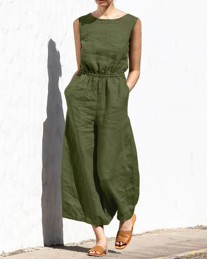 Vibonanza | Dames Mouwloze Jumpsuit Linnen Katoen Mix