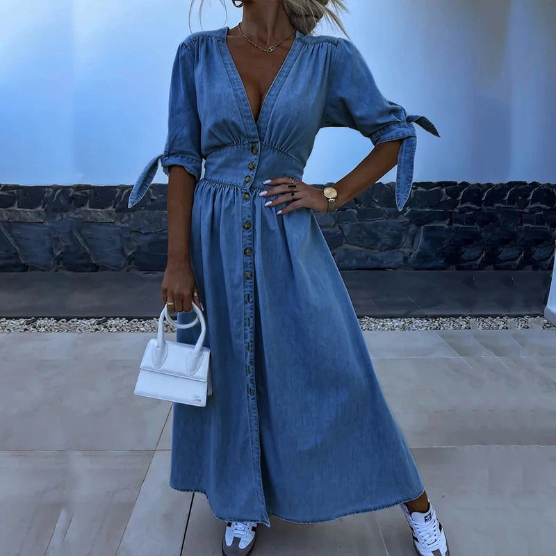 Vibonanza | Dames Denim Zomerjurk V-hals met Split