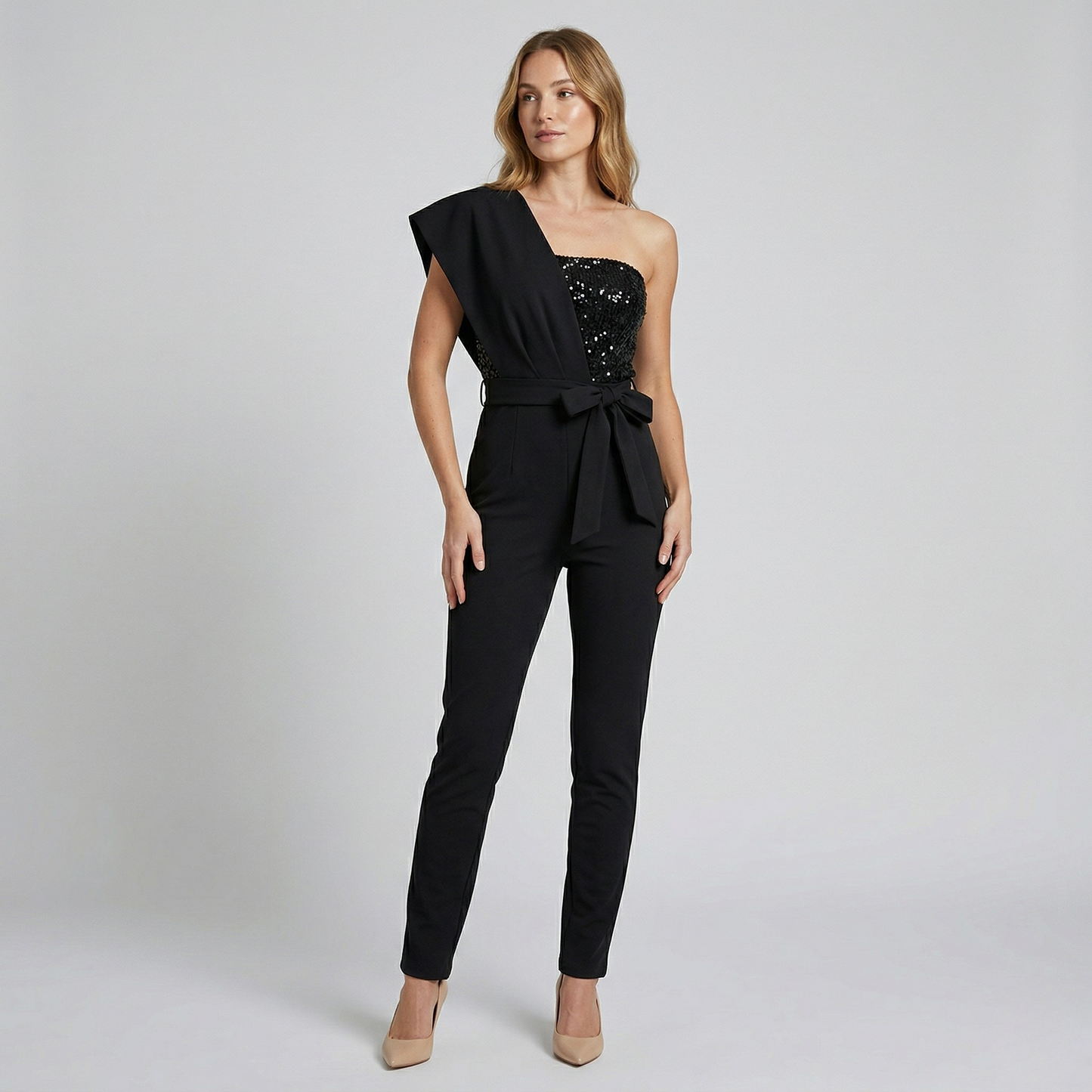 Vibonanza | Rode Glitter One-Shoulder Jumpsuit