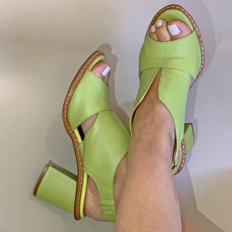 Vibonanza | Leren Dames Slingback Sandalen met Blokhak Bruin