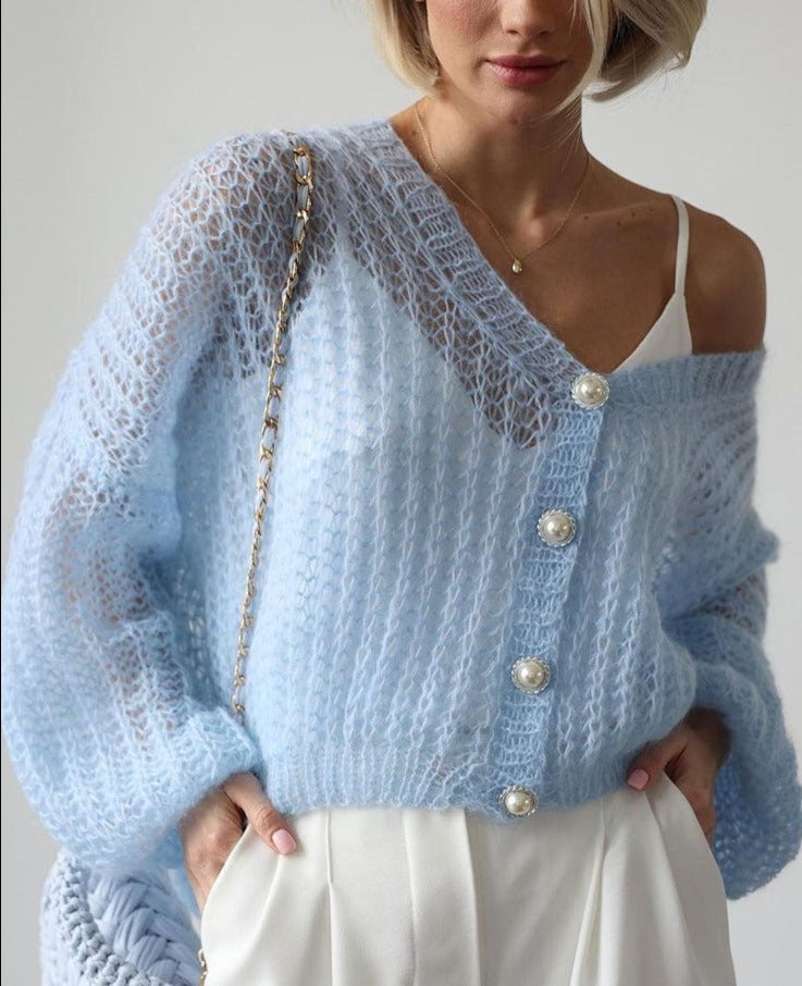 Vibonanza | Oversized V-hals Cardigan Lichtblauw