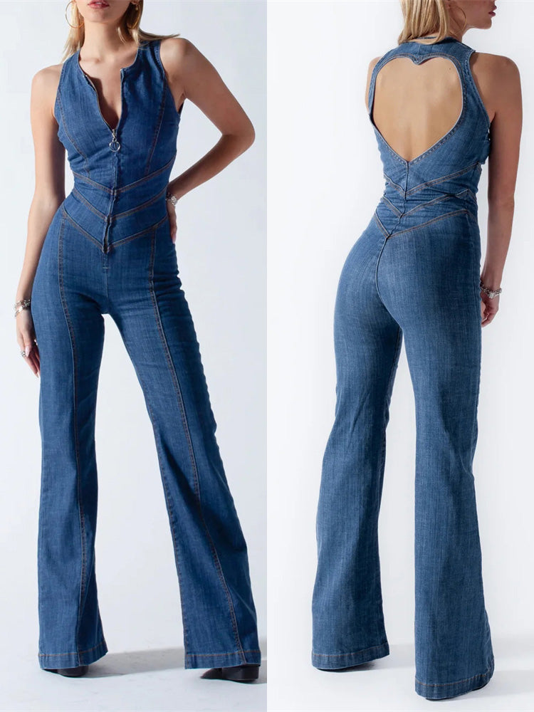 Vibonanza | Retro Denim Jumpsuit met Hartvormige Ruguitsparing
